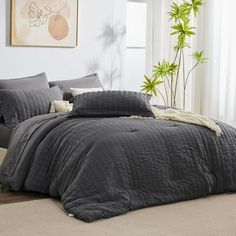 a bed with grey comforter and pillows in a room next to a plant on the floor