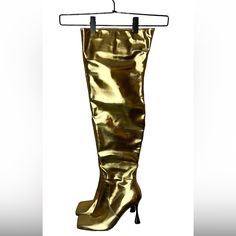 These B’lanche’ De Paris Metallic Gold Over The Knee Square Toe Boots Are For Fashionistas Only. I Want To Say They Can Be Dressed Down But The Gold Is Just To Strikingon These Boots. Gold Fitted Boots For Party, Gold Fitted Party Boots, Fitted Gold Party Boots, Gold Fitted Boots For Night Out, 12 Inch Heels, Paris Shoes, Square Toe Boots, Toe Boots, 2 Inch Heels