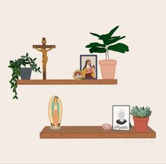 two shelves with plants and pictures on them in front of a crucifix