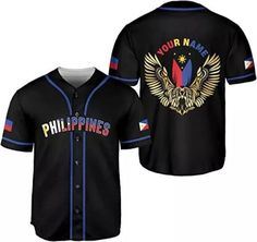 a black baseball jersey with the philippines flag on it and two gold eagle emblems