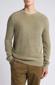 Rolled edges and reversed seams relax the vibe of this sweater knit from cotton-blend yarns and finished with a soft wash that perfectly breaks in the look and feel. Crewneck Long sleeves with ribbed cuffs 60% cotton, 40% acrylic Machine wash, dry flat Imported Cotton Crew Neck Knit Sweater, Casual Washed Crew Sweater, Casual Washed Crew Neck Sweater, Casual Cotton Knit Sweater, Crew Neck Washed Sweater For Winter, Washed Crew Neck Sweater For Winter, Winter Washed Crew Neck Sweater, Cotton Crew Neck Sweatshirt With Knit Fabrication, Cotton Crew Neck Knit Sweatshirt