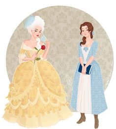 two women dressed as princesses, one in blue and the other in yellow are standing next to each other