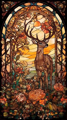 a stained glass window with an image of a deer in the center and roses around it