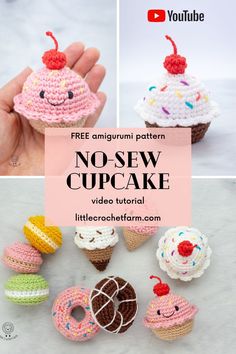 crocheted ice cream cupcakes and donuts are featured in this video