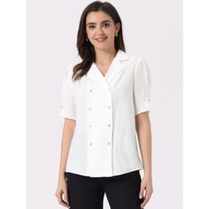 Designed with a unique double-breasted detail and a camp neck, this top combines style and comfort effortlessly. Made with smooth chiffon fabric, this top ensures all-day comfort without compromising on style. It can be simply paired with work pants or pencil skirt for a casual look. Whether you're going for a relaxed brunch or a night out, this top ensures a fashionable and comfortable look. Chambray Top, Women's Blouses, Satin Shirt, Elegant Shirt, Collar Top, Blouse White, Collar Blouse, Work Shirts, Linen Women