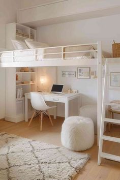 a white loft bed with desk and chair in a bedroom next to a rug on the floor