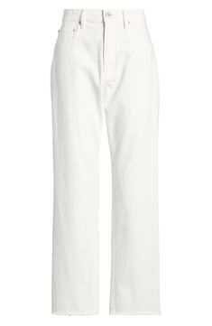 Hit refresh on white-jeans season with a step-hem pair cut from premium Japanese denim. 28" inseam; 16" leg opening; 12" front rise;back rise 15" Zip fly with button closure Five-pocket style 98% cotton, 2% polyurethane Machine wash, line dry Made in Japan White Jeans Women, Uzun Boy, Dream Wishlist, Dad Jeans, Japanese Denim, Freshman Year, Cute Jeans, White Boots, Jeans White