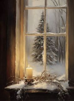 a painting of a snowy scene with a candle in front of an open window that has snow on the windowsill