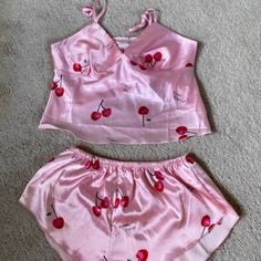 Pink Cherry Pajama Set !! Never Worn !! Cherry Pajama Set, 2000 Pajamas, Coquette Pj Set, Trashy Y2k Pajamas, Pink V-neck Pajama Party Set, Pink V-neck Sets For Pajama Party, Pink Summer Bedtime Sets, Cute V-neck Sleepwear For Loungewear, Feminine Summer Sleepwear Sets