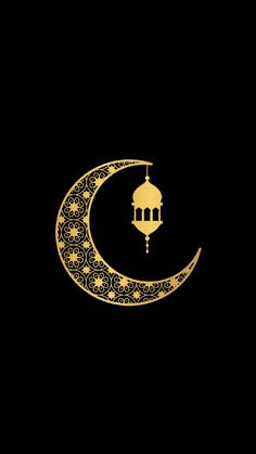 a crescent with a lantern hanging from it's side on a black background,