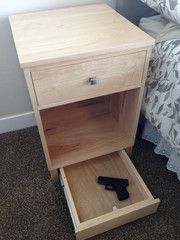 Hidden Bedside Gun Safe Nightstand - Traditional...i would secure the drawer and use pick foam to ensure the weapon doesn't rattle if the stand was tossed by a burglar. Meja Nakas, Storage Nightstand, Japanese Woodworking, Nightstand Storage