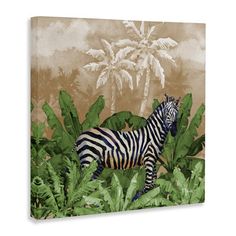 a zebra standing in the middle of some green plants and palm trees on a brown background