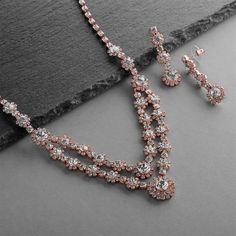 Rose Gold Two Row Rhinestone Necklace and Earring Jewelry Set Prom Jewelry Sets, Jewelry For Bride, Silver Bridal Jewellery, Crystal Bridal Jewelry Sets, Rose Gold Wedding Jewelry, Crystal Wedding Jewelry, Wedding Jewelry Set, Gold Topaz, Gold Wedding Jewelry