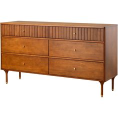 a wooden dresser with four drawers and two handles on one side, against a white background