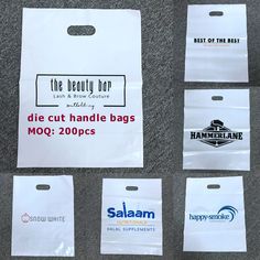 six bags with different logos on them sitting on the ground