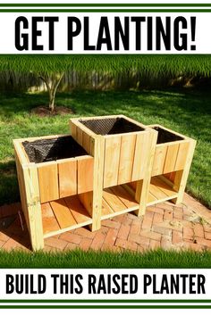 two wooden planters with the words get planting build this raised planter on top