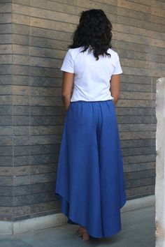 Linen pants for women, Blue linen pant, Gaucho, Flare pant, Made to order, Custom made, Plus size -Model height: 5'3" wearing size S-Length: 38"-Fit: Comfortable-Closure: Elasticated waistStyle these linen gaucho pants with casual tops or our tank tops. you would want to wear these everyday!**Note: Free Shipping time 15-21 days. Express Shipping time 5-7 days.** Full Length Cotton Wide Leg Pants, Fitted Cotton Culottes In Casual Style, Fitted Cotton Culottes Casual Style, Casual Cotton Culottes, Blue Wide Leg Cotton Harem Pants, Loosely Fitted Cotton Culottes, Blue Flare Cotton Bottoms, Solid Flare Cotton Pants, Spring Wide Leg Bottoms With Unfinished Hem