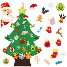 a christmas tree surrounded by decorations and stickers