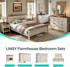 an image of a bedroom setting with furniture and accessories in white wood finish, including bed, dresser, night stand, mirror and nightstand