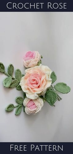 the crochet rose pattern is shown in pink, white and green with leaves