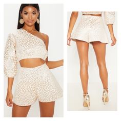 Go Bold In Gold With This Co-Ord. These Shorts Features A Gold Foil Leopard Print Fabric With A Zip Fastening On The Side And A Floaty Fit, Team Them With The Matching Crop Top, Heels And Killer Accessories For A Look We're Loving. Pretty Little Things Nwt 4 Gold/White Fabric: 90% Polyester 10% Metallized Fiber Approx Measurements: Waist: 12” Fr: 13” Inseam: 2” Total Length: 13 1/2” Bundle To Save More Hot Pants Shorts, Leopard Print Fabric, Mom Denim, Black High Waisted Shorts, Tie Waist Shorts, A Line Shorts, Gold Foil Print, Black High Waist, Red Scarves