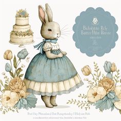 a white rabbit in a blue dress standing next to a cake