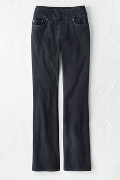 Our best-selling, soft-stretch knit denim – now even more comfortable with a pull-on waistband! Easier than ever, with the same fabulous shape retention for all-day comfort. | Women's Knit Denim Pull-On Bootcut Jeans - Black - 22W Knit Denim, Full Figured, Knitting Women, Jeans Black, Petite Size, Stretch Jeans, Signature Style, Jeans Style, Bootcut Jeans