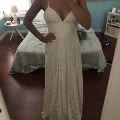 Beautiful White Gown With Intricate Lace Overlay. Bought As A Size 8, I Wear A Size Small Shirt, Size 4 Pants, And Am A 32d. The Waist Part Is A Little Loose On Me. White Lace Long Dress, White Lace Dress Long, Lace Long Dress, White Gown, White Gowns, Lace Dress Long, Lace Overlay, White Lace, Long Dress