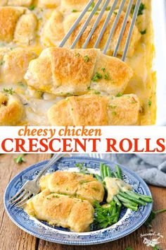 cheesy chicken crescent rolls with broccoli and green beans on a blue plate