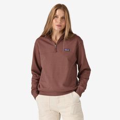 Quarter-zip pullover sweatshirt built from soft organic cotton/recycled polyester with a touch of spandex that stretches and recovers for a comfortable fit. Made in a Fair Trade Certified™ factory. | Patagonia Women's Ahnya Quarter-Zip Pullover in Dulse Mauve, Large - Fleece Pullovers - Organic Cotton/Recycled Polyester/Spandex Functional Loungewear Sweatshirt, Versatile Long Sleeve Relaxed Fit Hoodie, Casual Relaxed Fit Half-zip Activewear, Functional Fleece Sweatshirt, Fleece Half-zip Sweatshirt With Kangaroo Pocket, Half-zip Fleece Sweatshirt With Kangaroo Pocket, Versatile Half-zip Sweatshirt With Ribbed Cuffs, Cotton Half-zip Athleisure Sweats, Patagonia Casual Fleece Tops