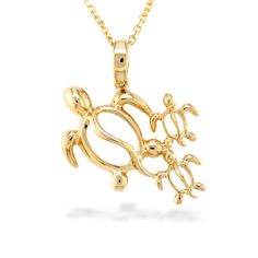 12670 - 14K Yellow Gold - Three Honu Ohana Pendant Vintage Leather, Gold Chains