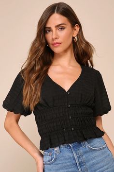 Black Smocked Top - Puff Sleeve Top - Smocked Button-Front Top - Lulus Short Sleeve Blouse Outfit, Statement Sleeves Blouse, Awesome Blouse, Trendy Blouses, Cloud Nine, Button Front Top, Cute Blouses, Cherry On Top, The Arrival