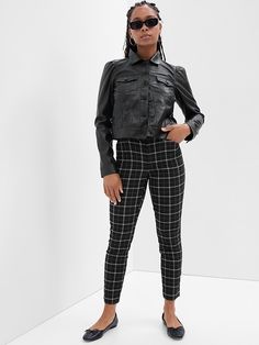 Stretch twill weave. Hook and bar closure, zip fly. Front slant pockets, welt pockets at back. Allover print. #819882 Holiday Plaid, Twill Weave, Ankle Pants, Black Plaid, Petite Size, Welt Pockets, Welt Pocket, Casual Pants, Mid Rise