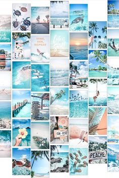 a collage of photos with the words beach written in different languages and pictures on them