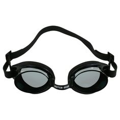 the swimming goggles are black and have mirrored lenses on each side, with an adjustable strap