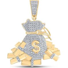 GND 10K Yellow Gold Moneybag Charm Pendant with Pave-Set Round Diamonds - 1.00 Carat Total Diamond Weight Diamond Fashion Jewelry, Diamond Initial Necklace, Diamond Cluster Earrings, Diamond Birthstone, Circle Diamond, Elephant Charm, Evil Eye Pendant, Money Bag, Square Earrings