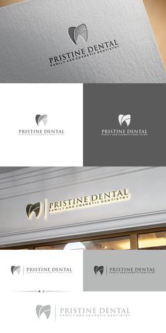 the logo for prestige dental is shown in three different colors and font styles, including silver