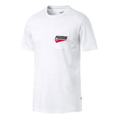 PUMA Pocket T-Shirt 'White' 844617-02 White Sporty T-shirt With Branding, Basic White Sports T-shirt, White Sporty Crew Neck T-shirt, White Short Sleeve Sporty T-shirt, White Cropped T-shirt With Logo Print, White Crew Neck T-shirt For Sports, White Graphic Tee Shirt With Branding, White Graphic Tee With Branding, White Sporty Branded T-shirt