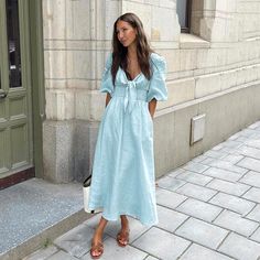 F00176290-103 Maxi Sundress, Casual Tie, Cotton Linen Dresses, Linen Midi Dress, Vestidos Vintage, Tea Length Dresses, Elegant Party, Daily Dress, Dress Cuts