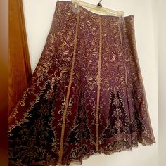 Peter Nygard Women's Size 14 Skirt Color Is A Dusty Purple Taupe And Gold Filigree With Elegant And Stunning Embroidery And Lace Design. It Is Fully Lined Side With A Sturdy Zipper Closure. 100% Cotton Combo 100% Polyester Exclusive Of Trimming Dry Clean Only Like New, No Tags But Never Worn Please Feel Free To Ask Questions Measurements 18” Waist 28” Length Fairy Attire, Everafter High, Mid Evil, Witch Fairy, Dusty Purple, Embroidered Skirt, Clothes Style, Purple Lace, Gold Filigree