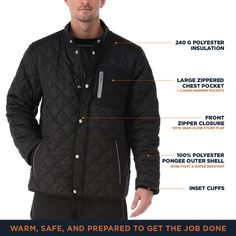 Block the wind, beat the cold and blast through every task on your to-do list while staying warm and looking good? You can do it all in the Insulated Diamond Quilted Jacket for men from the RefrigiWear® EnduraQuilt™ Collection. This thing is one tough mother puffer. Long after those box-store work jackets fall apart, the Insulated Diamond Quilted Jacket still has your back with a durable wind-tight, water-repellent outershell and 240g industrial-strength insulation. Black Quilted Outerwear For Outdoor Activities, Black Insulated Nylon Outerwear, Functional Winter Outerwear For Outdoor Work, Black Quilted Winter Jacket With Pockets, Black Quilted Jacket For Outdoor Activities, Black Sport Coat With Pockets For Cold Weather, Winter Outdoor Work Long Sleeve Sport Coat, Winter Long Sleeve Sport Coat For Outdoor Work, Black Insulated Functional Outerwear