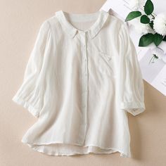 Women's Summer Cotton Linen Shirt Top Lapel Mid Sleeve Light Weight Shirt Blouse Long Sleeve Top Outfit, Cotton Doll, Couples Halloween Outfits, Doll Collar, Shirt Female, Lace Top Long Sleeve, Elegant Casual, Cardigan Shirt, Women Shirts Blouse