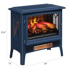 a blue stove with the measurements for it