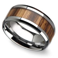 men's wedding band with wood inlay and polished steel finish, 8mm