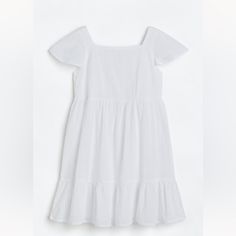 Lined White Eyelet Tiered Dress. Never Worn. Perfect For Summer Size 20 (14y+). Measurements In Picture And Can Be Worn As A Small Or Medium. Casual Broderie Anglaise Mini Dress For Day Out, Casual Short Sleeve Broderie Anglaise Mini Dress, H&m Short Sleeve Dresses With Ruffles, White Ruffled Dresses By H&m, White Ruffled H&m Dresses, H&m Cotton Dresses For Daywear, Casual Brunch Dress From H&m, H&m Short Sleeve Dress For Day Out, White Daytime Dress By H&m