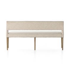 an upholstered bench with two legs and a back rest, in beige fabric