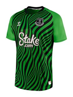 a green and black soccer jersey with the words stake com on it