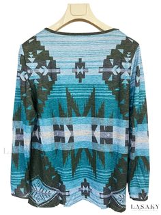 Lasaky - Womens Vintage Crew Neck Long Sleeve Sweater with Aztec Print Knit - Stylish and Cozy Clothing Cozy Multicolor Long Sleeve Tops, Casual Blue Long Sleeve Top For Winter, Multicolor Soft Knit Crew Neck Tops, Green Jacquard Knit Long Sleeve Cardigan, Casual Long Sleeve Jacquard Knit Cardigan, Casual Jacquard Knit Top For Fall, Casual Green Jacquard Knit Tops, Jacquard Knit Long Sleeve Top For Layering, Multicolor Soft Knit Tops For Winter