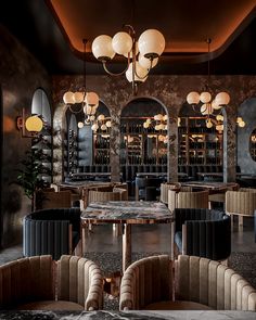 an elegant restaurant with round tables and chairs