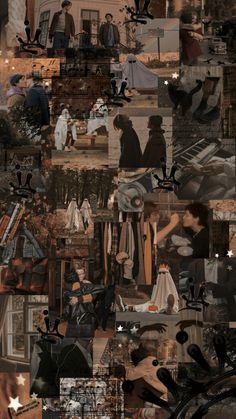 collage of people dressed up in old fashioned clothing and hats, with one person sitting on a bench